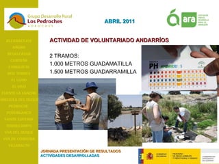 ALCARACEJOS AÑORA BELALCÁZAR CARDEÑA CONQUISTA DOS TORRES EL GUIJO EL VISO FUENTE LA LANCHA HINOJOSA DEL DUQUE PEDROCHE  POZOBLANCO SANTA EUFEMIA TORRECAMPO VVA DEL DUQUE VVA DE CÓRDOBA VILLARALTO ACTIVIDAD DE VOLUNTARIADO ANDARRÍOS 2 TRAMOS: 1.000 METROS GUADAMATILLA 1.500 METROS GUADARRAMILLA ABRIL 2011 JORNADA PRESENTACIÓN DE RESULTADOS ACTIVIDADES DESARROLLADAS 