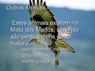 Outros AnimaisOutros Animais
 águia de bonelli (na foto);águia de bonelli (na foto);
 coruja do mato;coruja do mato;
 mocho galego;mocho galego;
 Estes animais existem naEstes animais existem na
Mata dos Medos, mas nãoMata dos Medos, mas não
são personagens destasão personagens desta
história.história.
 