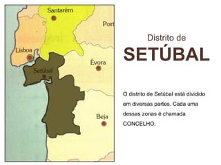 Distrito de
SETÚBAL
O distrito de Setúbal está dividido
em diversas partes. Cada uma
dessas zonas é chamada
CONCELHO.
 