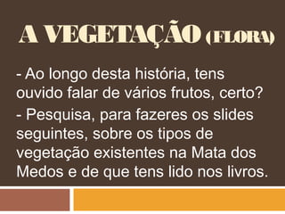 A VEGETAÇÃO (FLORA)
- Ao longo desta história, tens
ouvido falar de vários frutos, certo?
- Pesquisa, para fazeres os slides
seguintes, sobre os tipos de
vegetação existentes na Mata dos
Medos e de que tens lido nos livros.
 