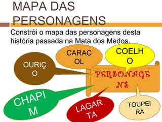 PERSONAGE
NS
COELH
O
MAPA DAS
PERSONAGENS
Constrói o mapa das personagens desta
história passada na Mata dos Medos.
OURIÇ
O
CHAPI
M LAGAR
TA
TOUPEI
RA
CARAC
OL
 