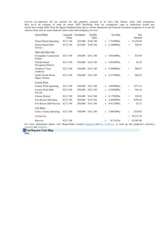 Current tax represents the tax amount for this property assessed at its Save Our Homes value with exemptions.
 Base tax is an estimate of what an owner NOT benefiting from tax exemptions, caps or deductions would pay.
 Actual taxes might differ from the figures displayed here due to various abatement and financial assistance programs or to non ad-
 valorem taxes such as waste disposal, storm water and emergency services.
           School Rates                Assessed   Exemption      Taxable               Tax Rate                  Tax
                                          Value                    value                                     Amount
           School Board Operating      $211,740      $25,000    $186,740         x   7.765000‰          =   $1,450.04
           School Board Debt           $211,740      $25,000    $186,740         x   0.240000‰          =      $44.82
           Service
           State and other rates
           Everglades Construction     $211,740      $50,000    $161,740         x   0.062400‰          =      $10.09
           Project
           Florida Inland              $211,740      $50,000    $161,740         x   0.034500‰          =       $5.58
           Navigation District
           Children's Trust            $211,740      $50,000    $161,740         x   0.500000‰          =      $80.87
           Authority
           South Florida Water         $211,740      $50,000    $161,740         x   0.373900‰          =      $60.47
           Mgmt. District
           County Rates
           County Wide Operating       $211,740      $50,000    $161,740         x   4.805000‰          =    $777.16
           County Wide Debt            $211,740      $50,000    $161,740         x   0.285000‰          =      $46.10
           Service
           Library District            $211,740      $50,000    $161,740         x   0.179500‰          =      $29.03
           Fire Rescue Operating       $211,740      $50,000    $161,740         x   2.449600‰          =    $396.20
           Fire Rescue Debt Service    $211,740      $50,000    $161,740         x   0.013100‰          =       $2.12
           City Rates
           Uninc. County Operating     $211,740      $50,000    $161,740         x   2.008300‰          =    $324.82
           Current tax                                                                                  =   $3,227.30
            Base tax               $211,740                              x    18.7163‰        = $3,962.99
 For more information please visit Miami-Dade County's Appraiser and Tax Collector, or look up this property's currenttax
 situation and valuation.
F2Tax/Square Foot Map
 Hide
 