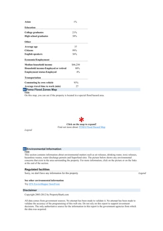 Asian                                              1%

 Education
 College graduates                                21%
 High school graduates                            38%

 Other
 Average age                                        37
 Citizens                                         99%
 English speakers                                 36%

 Economic/Employment

 Median household income                          $46,250
 Household income-Employed or retired                80%
 Employment status-Employed                            4%

 Transportation

 Commuting by own vehicle                           93%
 Average travel time to work (min)                    27
H1Fema Flood Zones Map
 Hide
 On this map, you can see if the property is located in a special flood hazard area.




                                            Click on the map to expand!
                                   Find out more about: FEMA Flood Hazard Map
 Legend




H2Environmental Information
 Hide
 This section contains information about environmental matters such as air releases, drinking water, toxic releases,
 hazardous wastes, water discharge permits and Superfund sites. The picture below shows any environmental
 concerns that exist in the area surrounding the property. For more information, click on the picture or on the links
 at the end of the section.

 Regulated facilities
 Sorry, we don't have any information for this property                                                                 Legend

 See other environmental information
 Try EPA EnviroMapper StoreFront

Disclaimer
 Copyright 2003-2012 by PropertyShark.com

 All data comes from government sources. No attempt has been made to validate it. No attempt has been made to
 validate the accuracy of the programming of this web site. Do not rely on this report to support investment
 decisions. The only authoritative source for the information in this report is the government agencies from which
 the data was acquired.
 