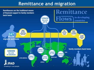 to developing
countries
Remittance and migration
US$436
BILLION
(2014)
US$64
BILLION
US$25
BILLION
US$64
BILLION
US$22
BILLION US$261
BILLION
247
US$500
BILLION
IN SAVINGS
 