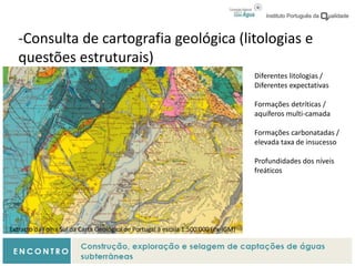 -Consulta de cartografia geológica (litologias e
questões estruturais)
Extracto da Folha Sul da Carta Geológica de Portugal à escala 1:500.000 (ex-IGM)
Diferentes litologias /
Diferentes expectativas
Formações detríticas /
aquíferos multi-camada
Formações carbonatadas /
elevada taxa de insucesso
Profundidades dos níveis
freáticos
 