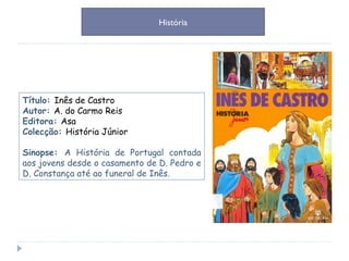 Título:  Inês de Castro Autor:  A. do Carmo Reis Editora:  Asa Colecção:  História Júnior Sinopse:  A História de Portugal contada aos jovens desde o casamento de D. Pedro e D. Constança até ao funeral de Inês. História 