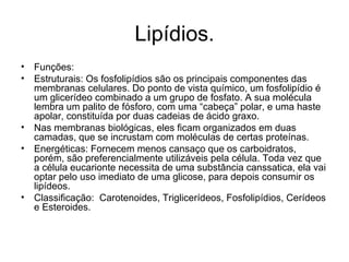 Lipídios. Funções:  Estruturais: Os fosfolipídios são os principais componentes das membranas celulares. Do ponto de vista químico, um fosfolipídio é um glicerídeo combinado a um grupo de fosfato. A sua molécula lembra um palito de fósforo, com uma “cabeça” polar, e uma haste apolar, constituída por duas cadeias de ácido graxo. Nas membranas biológicas, eles ficam organizados em duas camadas, que se incrustam com moléculas de certas proteínas. Energéticas: Fornecem menos cansaço que os carboidratos, porém, são preferencialmente utilizáveis pela célula. Toda vez que a célula eucarionte necessita de uma substância canssatica, ela vai optar pelo uso imediato de uma glicose, para depois consumir os lipídeos. Classificação:  Carotenoides, Triglicerídeos, Fosfolipídios, Cerídeos e Esteroides. 