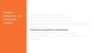 Modelos
predictivos y de
análisis del
negocio
Qué empleado puede dejar la empresa
Predicción de la productividad del empleado
Optimizar los tiempos de entrega de productos
Precios dinámicos en función de los datos de la competencia y los
márgenes de venta
Predicción en la gestión de reclamaciones
Monitorización de procesos de venta externalizada
Prevención de consultas y reclamaciones, y aceleración en su
resolución
Reducción de costos
 
