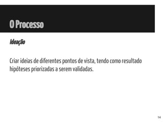 Ideação
Criar ideias de diferentes pontos de vista, tendo como resultado
hipóteses priorizadas a serem validadas.
OProcesso
14
 