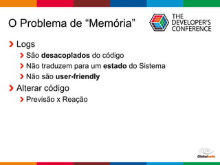 Globalcode – Open4education
O Problema de “Memória”
Logs
São desacoplados do código
Não traduzem para um estado do Sistema
Não são user-friendly
Alterar código
Previsão x Reação
 