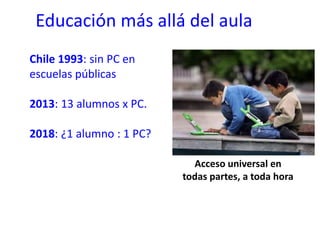 Educación más allá del aula
Acceso universal en
todas partes, a toda hora
Chile 1993: sin PC en
escuelas públicas
2013: 13 alumnos x PC.
2018: ¿1 alumno : 1 PC?
 