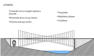 A PONTE  Conexão com a margem oposta a Avenida Dimensão de 10 mx 30 metros Estrutura de aço corten Pergulado Mobiliário Urbano Ciclofaixa 