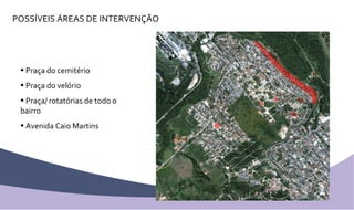 POSSÍVEIS ÁREAS DE INTERVENÇÃO Praça do cemitério Praça do velório Praça/ rotatórias de todo o bairro Avenida Caio Martins  
