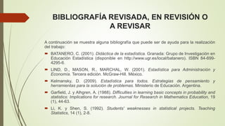 BIBLIOGRAFÍA REVISADA, EN REVISIÓN O
A REVISAR
A continuación se muestra alguna bibliografía que puede ser de ayuda para la realización
del trabajo:
 BATANERO, C. (2001). Didáctica de la estadística. Granada: Grupo de Investigación en
Educación Estadística (disponible en http://www.ugr.es/local/batanero). ISBN 84-699-
4295-6.
 LIND, D., MASON, R., MARCHAL, W. (2001). Estadística para Administración y
Economía. Tercera edición. McGraw-Hill. México.
 Kelmansky, D. (2009). Estadística para todos. Estrategias de pensamiento y
herramientas para la solución de problemas. Ministerio de Educación. Argentina.
 Garfield, J. y Alhgren, A. (1988). Difficulties in learning basic concepts in probability and
statistics: Implications for research. Journal for Research in Mathematics Education, 19
(1), 44-63.
 Li, K. y Shen, S. (1992). Students' weaknesses in statistical projects. Teaching
Statistics, 14 (1), 2-8.
 