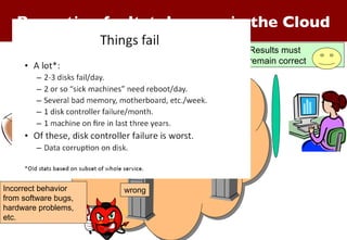 wrong right right right Byzantine fault-tolerance in the Cloud right Incorrect behavior from software bugs, hardware problems, etc. Results must remain correct 