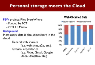 Personal storage meets the Cloud FEW  project: Files EveryWhere - Funded by FCT  - CITI, U. Minho Background  Most users’ data is also somewhere in the cloud General web sources (e.g. web sites, p2p, etc.) Personal repositories  (e.g. Flickr, Gmail, Google Docs, DropBox, etc.) 