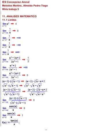 IES Concepcion Arenal
Metodos Martins, Almeida Pedro Tiago
Wiris trabajo 5

11. ANALISES MATEMATICO
11.1 Limites
lim x 2            4
x   2
      1
lim                     0
x     x
     1
lim
x 0 x
     1
lim
x 0 x
    1
lim
x 0 x

          x 2 3x 2                      1
lim
x          2x 2 1                       2
          x4 2
lim
x         2x 2 1
          x 2 3x 2
lim                                    0
x          2x 3 1
           3                                       3
(x 2) ·( x 1)                          (x 2 ) ·        x x 2
    x 3 ·( x 1)                        x3 ·    x           x3
               3                                       3
(x 2) ·( x 1)                            (x 2 ) ·          x x 2
     x 3 ·( x 1)                              x3 ·         x x3
                            3
          (x 2) ·( x 1)
lim                                            0
x              x 3 ·(           x 1)
       sen(x)
lim                 0
x          x
      sen(x)
 lim              1
x 0      x
         tan(x)
f(x)            ;
            x
 lim f(x)     1
                                                                  1/4
 