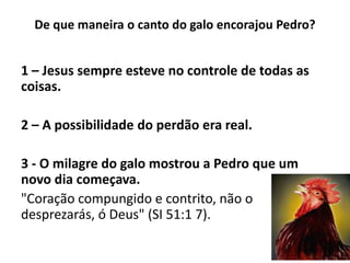 De que maneira o canto do galo encorajou Pedro?
1 – Jesus sempre esteve no controle de todas as
coisas.
2 – A possibilidade do perdão era real.
3 - O milagre do galo mostrou a Pedro que um
novo dia começava.
"Coração compungido e contrito, não o
desprezarás, ó Deus" (SI 51:1 7).
 