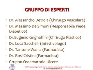 GRUPPO DI ESPERTI Dr. Alessandro Detroia (Chirurgo Vascolare) Dr. Massimo De Simoni (Responsabile Piede Diabetico) Dr.Eugenio Grignaffini (Chrirugo Plastico) Dr. Luca Sacchelli (Infettivologo) Dr. Tantone Wania (Farmacista) Dr. Rosi Cristina(Farmacista) Gruppo Osservatorio Ulcere 