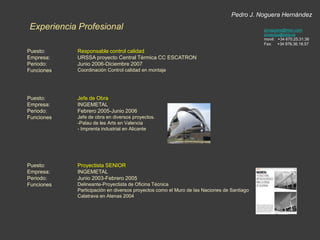 Pedro J. Noguera HernándezExperiencia Profesionalpjnoguera@msn.comproyectos@tekla.esmovil:   +34 670.25.31.36Fax:     +34 976.36.18.57Puesto:Empresa:Periodo:Funciones:Responsable control calidadURSSA proyecto Central Térmica CC ESCATRONJunio 2006-Diciembre 2007Coordinación Control calidad en montajePuesto:Empresa:Periodo:Funciones:Jefe de Obra INGEMETALFebrero 2005-Junio 2006Jefe de obra en diversos proyectos.Palau de les Arts en Valencia