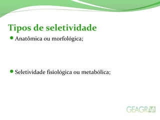 Tipos de seletividade
Anatômica ou morfológica;
Seletividade fisiológica ou metabólica;
 