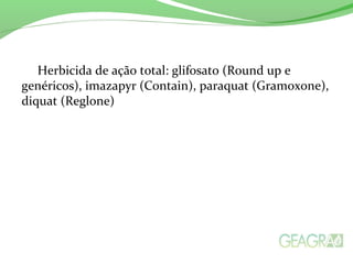 Herbicida de ação total: glifosato (Round up e
genéricos), imazapyr (Contain), paraquat (Gramoxone),
diquat (Reglone)
 