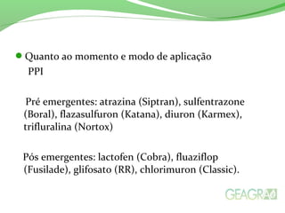 Quanto ao momento e modo de aplicação
PPI
Pré emergentes: atrazina (Siptran), sulfentrazone
(Boral), flazasulfuron (Katana), diuron (Karmex),
trifluralina (Nortox)
Pós emergentes: lactofen (Cobra), fluaziflop
(Fusilade), glifosato (RR), chlorimuron (Classic).
 