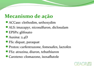 Mecanismo de ação
ACCase: clethodim, sethoxydim
ALS: imazapyr, nicosulfuron, diclosulam
EPSPs: glifosato
Auxina: 2,4D
FS1: diquat, paraquat
Protox: carfentrazone, fomesafen, lactofen
FS2: atrazina, diuron, tebuthiuron
Caroteno: clomazone, isoxaflutole
 