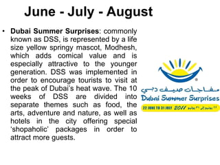 June - July - August Dubai Summer Surprises : commonly known as DSS, is represented by a life size yellow springy mascot, Modhesh, which adds comical value and is especially attractive to the younger generation. DSS was implemented in order to encourage tourists to visit at the peak of Dubai’s heat wave. The 10 weeks of DSS are divided into separate themes such as food, the arts, adventure and nature, as well as hotels in the city offering special ‘shopaholic’ packages in order to attract more guests. 