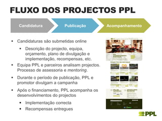 FLUXO DOS PROJECTOS PPL
Candidatura Publicação Acompanhamento
 Candidaturas são submetidas online
 Descrição do projecto, equipa,
orçamento, plano de divulgação e
implementação, recompensas, etc.
 Equipa PPL e parceiros analisam projectos.
Processo de assessoria e mentoring.
 Durante o período de publicação, PPL e
promotor divulgam a campanha
 Após o financiamento, PPL acompanha os
desenvolvimentos do projectos
 Implementação correcta
 Recompensas entregues
 