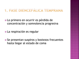  Lo primero en ocurrir es pérdida de
concentración y somnolencia progresiva
 La respiración es regular
 Se presentan suspiros y bostezos frecuentes
hasta llegar al estado de coma
 