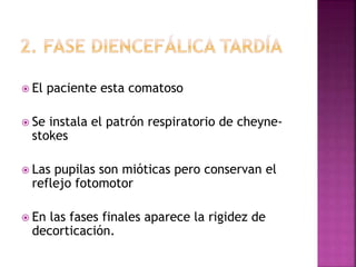  El paciente esta comatoso
 Se instala el patrón respiratorio de cheyne-
stokes
 Las pupilas son mióticas pero conservan el
reflejo fotomotor
 En las fases finales aparece la rigidez de
decorticación.
 