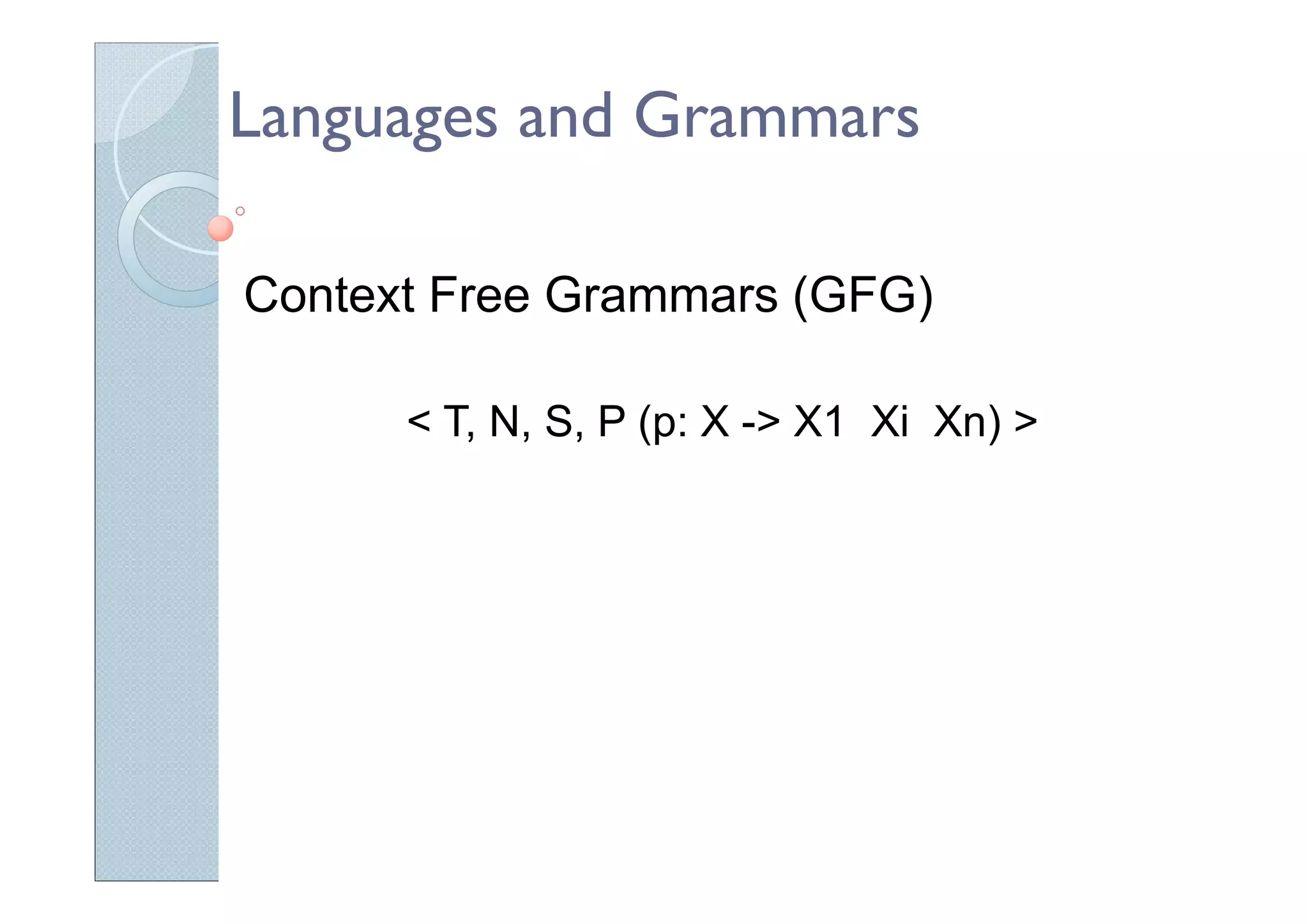 Languages and Grammars
Context Free Grammars (GFG)
< T, N, S, P (p: X -> X1 Xi Xn) >
 