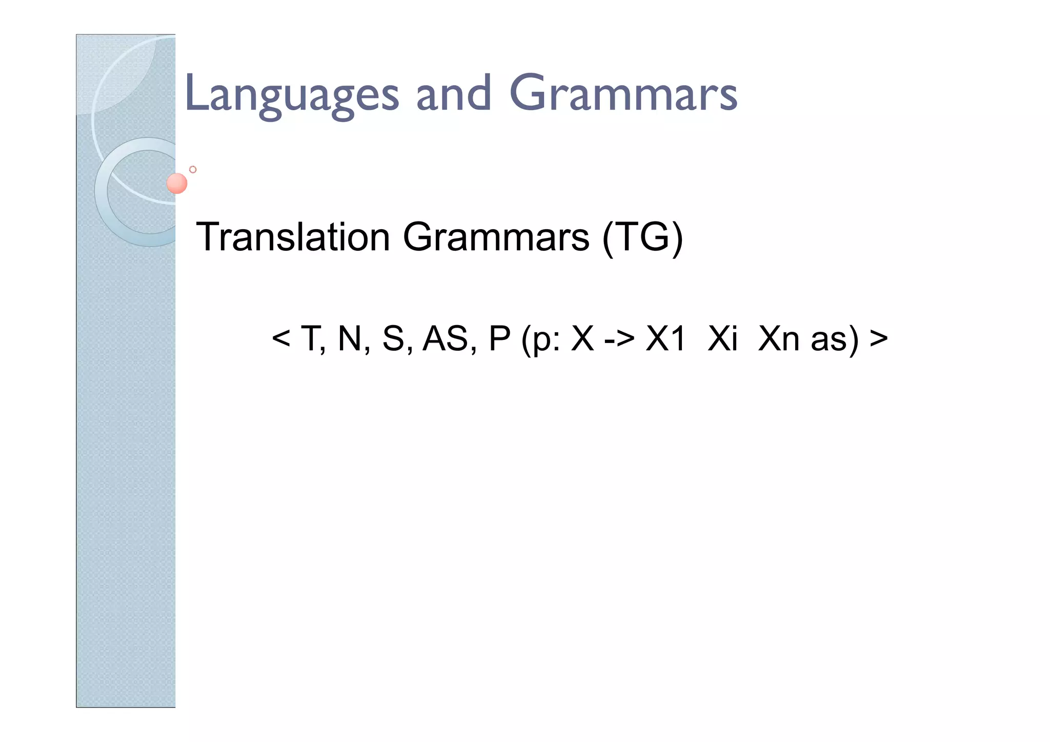 Languages and Grammars
Translation Grammars (TG)
< T, N, S, AS, P (p: X -> X1 Xi Xn as) >
 