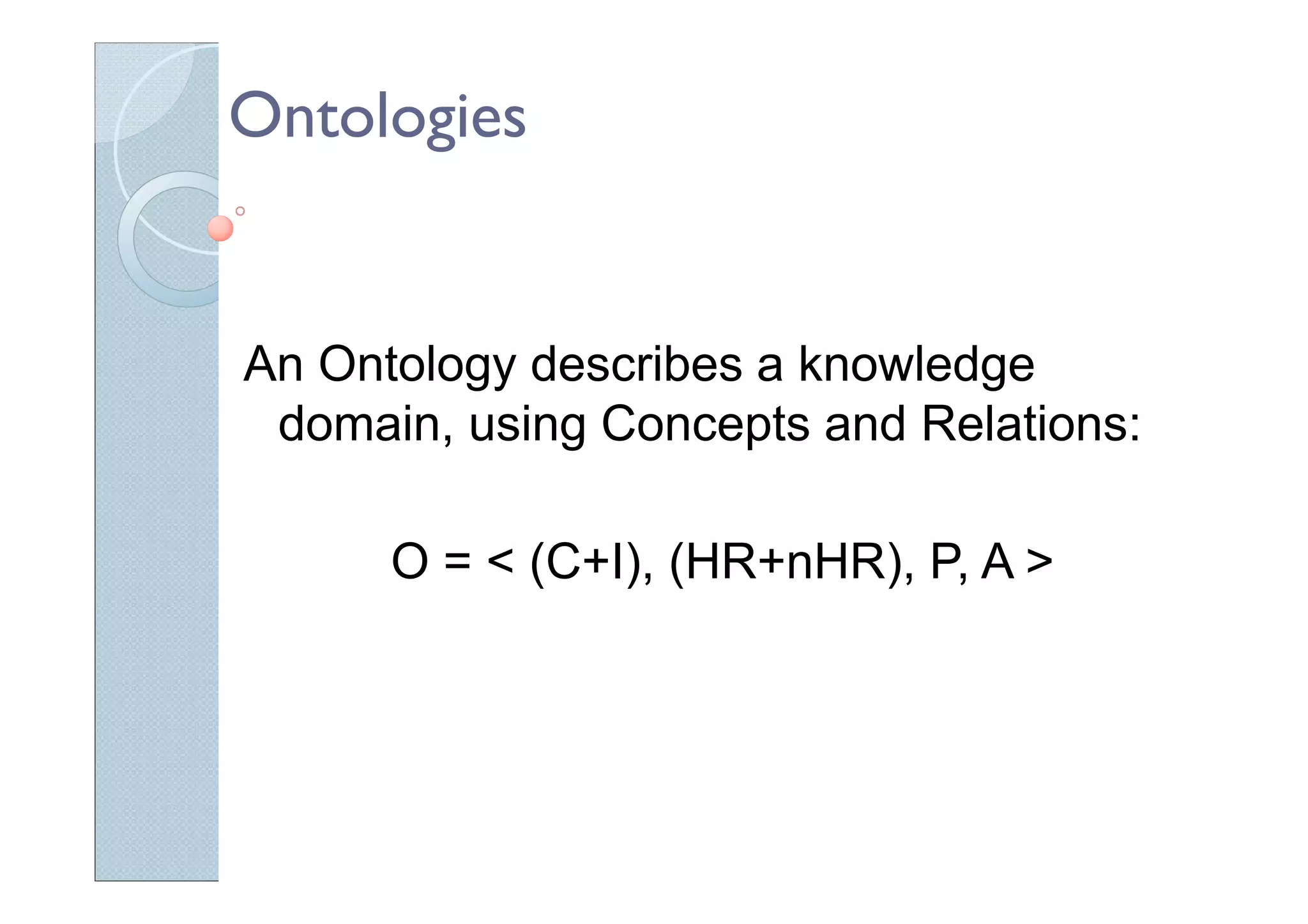 Ontologies
An Ontology describes a knowledge
domain, using Concepts and Relations:
O = < (C+I), (HR+nHR), P, A >
 