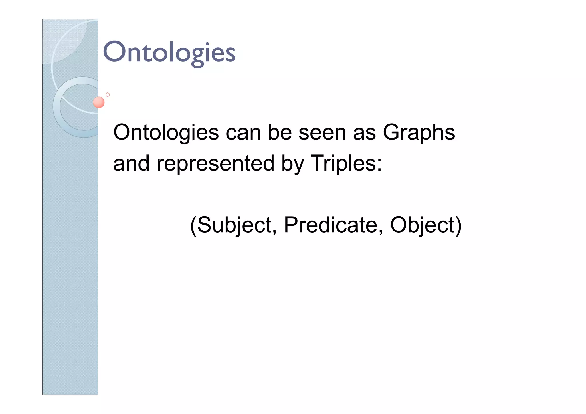 Ontologies
Ontologies can be seen as Graphs
and represented by Triples:
(Subject, Predicate, Object)
 