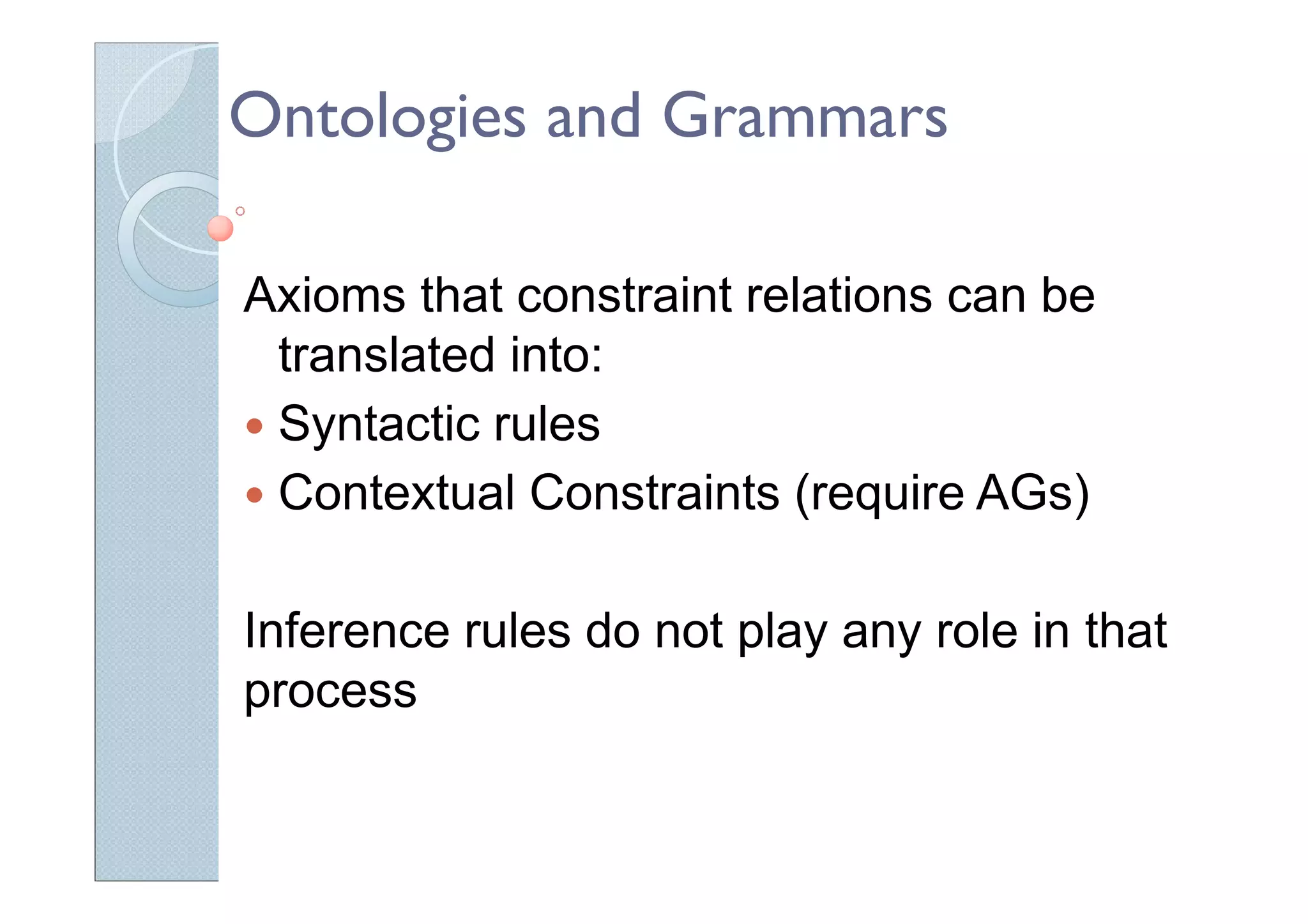 Ontologies and Grammars
Axioms that constraint relations can be
translated into:
Syntactic rules
Contextual Constraints (require AGs)
Inference rules do not play any role in that
process
 