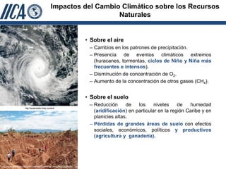 Impactos del Cambio Climático sobre los Recursos
                                                                      Naturales


                                                                                  • Sobre el aire
                                                                                   – Cambios en los patrones de precipitación.
                                                                                   – Presencia de eventos climáticos extremos
                                                                                     (huracanes, tormentas, ciclos de Niño y Niña más
                                                                                     frecuentes e intensos).
                                                                                   – Disminución de concentración de O2.
                                                                                   – Aumento de la concentración de otros gases (CH4).


                                                                                  • Sobre el suelo
                                                                                   – Reducción      de   los     niveles    de   humedad
                       http://sustentable.cl/wp-content/
                                                                                     (aridificación) en particular en la región Caribe y en
                                                                                     planicies altas.
                                                                                   – Pérdidas de grandes áreas de suelo con efectos
                                                                                     sociales, económicos, políticos y productivos
                                                                                     (agricultura y ganadería).




http://www.galeriacolombia.com/userfiles/GUser/jorge_enriqu/org/caminando_1.jpg
 