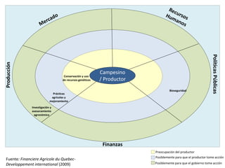 Políticas Públicas
Producción




                                                           Campesino
                                    Conservación y uso
                                   de recursos genéticos   / Productor
                                                                                  Bioseguridad
                             Prácticas
                            agrícolas y
                           mejoramiento

              Investigación y
              asesoramiento
                agronómico




                                                            Finanzas
                                                                         Preocupación del productor
                                                                         Posiblemente para que el productor tome acción
Fuente: Financiere Agricole du Quebec-
Developpement international (2009)                                       Posiblemente para que el gobierno tome acción
 