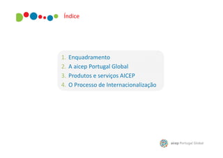 Índice

1.
2.
3.
4.

Enquadramento
A aicep Portugal Global
Produtos e serviços AICEP
O Processo de Internacionalização

 