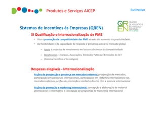 Produtos e Serviços AICEP

Sistemas de Incentivos às Empresas (QREN)
SI Qualificação e Internacionalização de PME
• Visa a promoção da competitividade das PME através do aumento da produtividade,
• da flexibilidade e da capacidade de resposta e presença activa no mercado global
– Apoio a projectos de investimento em factores dinâmicos da competitividade
– Beneficiários: Empresas, Associações, Entidades Públicas e Entidades do SCT
– (Sistema Científico e Tecnológico)

Despesas elegíveis - Internacionalização
Acções de prospecção e presença em mercados externos: prospecção de mercados,
participação em concursos internacionais, participação em certames internacionais nos
mercados externos, acções de promoção e contacto directo com a procura internacional
Acções de promoção e marketing internacional: concepção e elaboração de material
promocional e informativo e concepção de programas de marketing internacional

Ilustrativo

 