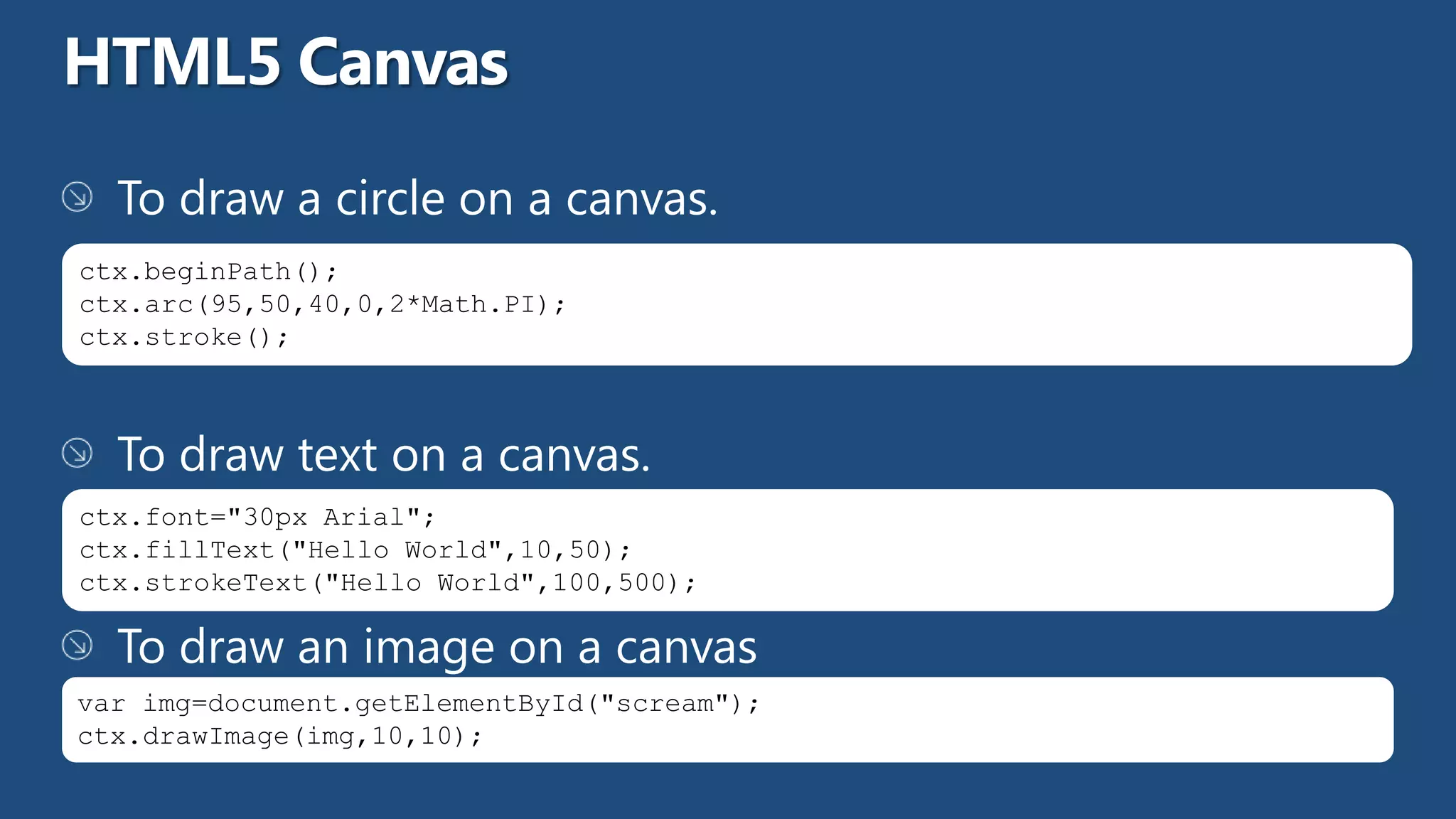 ctx.beginPath();
ctx.arc(95,50,40,0,2*Math.PI);
ctx.stroke();




ctx.font="30px Arial";
ctx.fillText("Hello World",10,50);
ctx.strokeText("Hello World",100,500);



var img=document.getElementById("scream");
ctx.drawImage(img,10,10);
 