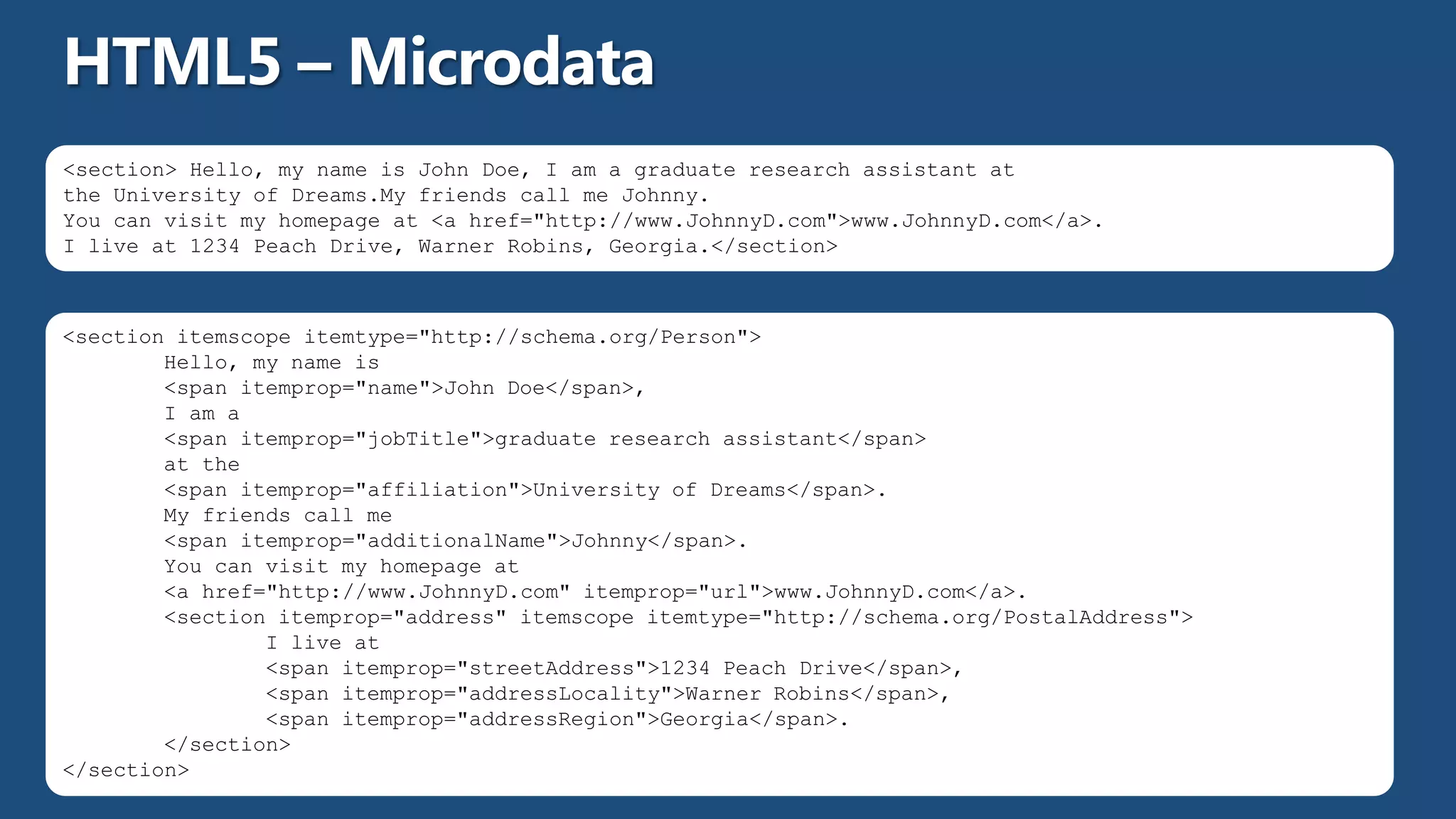 <section> Hello, my name is John Doe, I am a graduate research assistant at
the University of Dreams.My friends call me Johnny.
You can visit my homepage at <a href="http://www.JohnnyD.com">www.JohnnyD.com</a>.
I live at 1234 Peach Drive, Warner Robins, Georgia.</section>



<section itemscope itemtype="http://schema.org/Person">
        Hello, my name is
        <span itemprop="name">John Doe</span>,
        I am a
        <span itemprop="jobTitle">graduate research assistant</span>
        at the
        <span itemprop="affiliation">University of Dreams</span>.
        My friends call me
        <span itemprop="additionalName">Johnny</span>.
        You can visit my homepage at
        <a href="http://www.JohnnyD.com" itemprop="url">www.JohnnyD.com</a>.
        <section itemprop="address" itemscope itemtype="http://schema.org/PostalAddress">
                I live at
                <span itemprop="streetAddress">1234 Peach Drive</span>,
                <span itemprop="addressLocality">Warner Robins</span>,
                <span itemprop="addressRegion">Georgia</span>.
        </section>
</section>
 