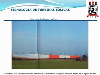 TECNOLOGIA DE TURBINAS EÓLICAS


                               Pás para turbinas eólicas




Conferência para o desenvolvimento e Eficiência do Mercado de Energia no Nordeste, Recife, 29 de agosto de 2009
 