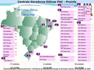 Centrais Geradoras Eólicas PAC - Proinfa
                                                  PI            PE
                                                                              UEE Pedra do Sal           UEE Mandacaru

                       48 Centrais Eólicas                                 CE Beberibe
                                                                             UEE
                                                                                                         UEE Pirauá

                                                                                                         UEE Santa Maria
                             1.144,62 MW                                      UEE Bons Ventos
                                                                                                         UEE Xavante
                                                                              UEE Canoa Quebrada
                                                                              - Rosa dos Ventos          UEE Gravatá
                                                     CE RN                                               Fruitrade
                                                                              UEE Canoa Quebrada
                                                                                                       PB
                                                  PI     PB                   UEE Enacel                 UEE Mataraca
SC                                                    PE                      UEE Praia Formosa          UEE Millennium
 UEE Amparo

 UEE Aquibatã                                                                 UEE Foz do Rio Choró       UEE Presidente

 UEE Bom Jardim                                                               UEE Icaraizinho            UEE Vitória

 UEE Campo Belo                                                               UEE Lagoa do Mato          UEE Albatroz

 UEE Cascata                                                                  UEE Paracuru               UEE Alhandra

 UEE Cruz Alta                                                                UEE Praia do Morgado       UEE Atlântica

                                                                              UEE Praias de              UEE Camurim
 UEE Púlpito
                                                     RJ                       Parajuru
                                                                              UEE Taíba-Albatroz         UEE Caravela
 UEE Rio do Ouro

 UEE Salto                        SC                                          UEE Volta do Rio           UEE Coelhos I

                                           RJ                              RN                            UEE Coelhos II
 UEE Santo
 Antônio                         RS            UEE Quintanilha Machado I
                                                                              UEE Alegria I              UEE Coelhos III
RS                                             UEE Gargaú
  UEE Palmares                                                                UEE Alegria II             UEE Coelhos IV


               11 centrais                           2 centrais                                      35 centrais
               225,29 MW                            163,05 MW                                        756,28 MW
 Conferência para o desenvolvimento e Eficiência do Mercado de Energia no Nordeste, Recife, 29 de agosto de 2009
 