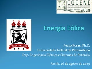 Pedro Rosas, Ph.D.
         Universidade Federal de Pernambuco
Dep. Engenharia Elétrica e Sistemas de Potência

                   Recife, 26 de agosto de 2009
 