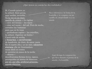 Sí. Cuando quiera yo  la soltaré. Está presa,  aquí arriba, invisible.  Yo la veo en su claro  castillo de cristal , y la vigilan  —cien mil lanzas— los rayos  —cien mil rayos— del sol. Pero de noche,  cerradas las ventanas  para que no la vean  —guiñadoras espías— las estrellas,  la soltaré. (Apretar un botón.)  Caerá toda de arriba  a  besarme , a  envolverme   de bendición, de claro, de amor, pura.  En el cuarto ella y yo no más,  amantes  eternos  ella mi iluminadora  musa dócil en contra  de secretos en masa de la noche  —afuera—  descifraremos formas leves, signos,  perseguidos en mares de blancura  por mí, por ella, artificial princesa,  amada eléctrica. Hace referencia a la forma de la bombilla, y la compara con un castillo de cristal donde ve a su amada Aquí destapa la comparación que lleva durante el poema de la amada y la bombilla ¿Qué tienen en común las dos realidades? 