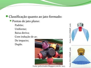 Classificação quanto ao jato formado:
Pontas de jato plano:
Padrão;
Uniforme;
Baixa deriva;
Com indução de ar;
De impacto;
Duplo.
Fonte:FCAUNMdP,2016.Fonte:FCAUNMdP,2016.
Fonte: pulverizador.blogspot.com.br, 2017.
 