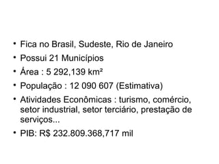  Fica no Brasil, Sudeste, Rio de Janeiro
Possui 21 Municípios
Área : 5 292,139 km²
População : 12 090 607 (Estimativa)
Atividades Econômicas : turismo, comércio,
setor industrial, setor terciário, prestação de
serviços...
PIB: R$ 232.809.368,717 mil