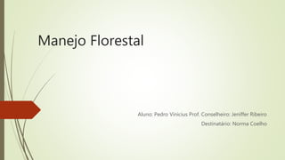 Manejo Florestal
Aluno: Pedro Vinicius Prof. Conselheiro: Jeniffer Ribeiro
Destinatário: Norma Coelho
 